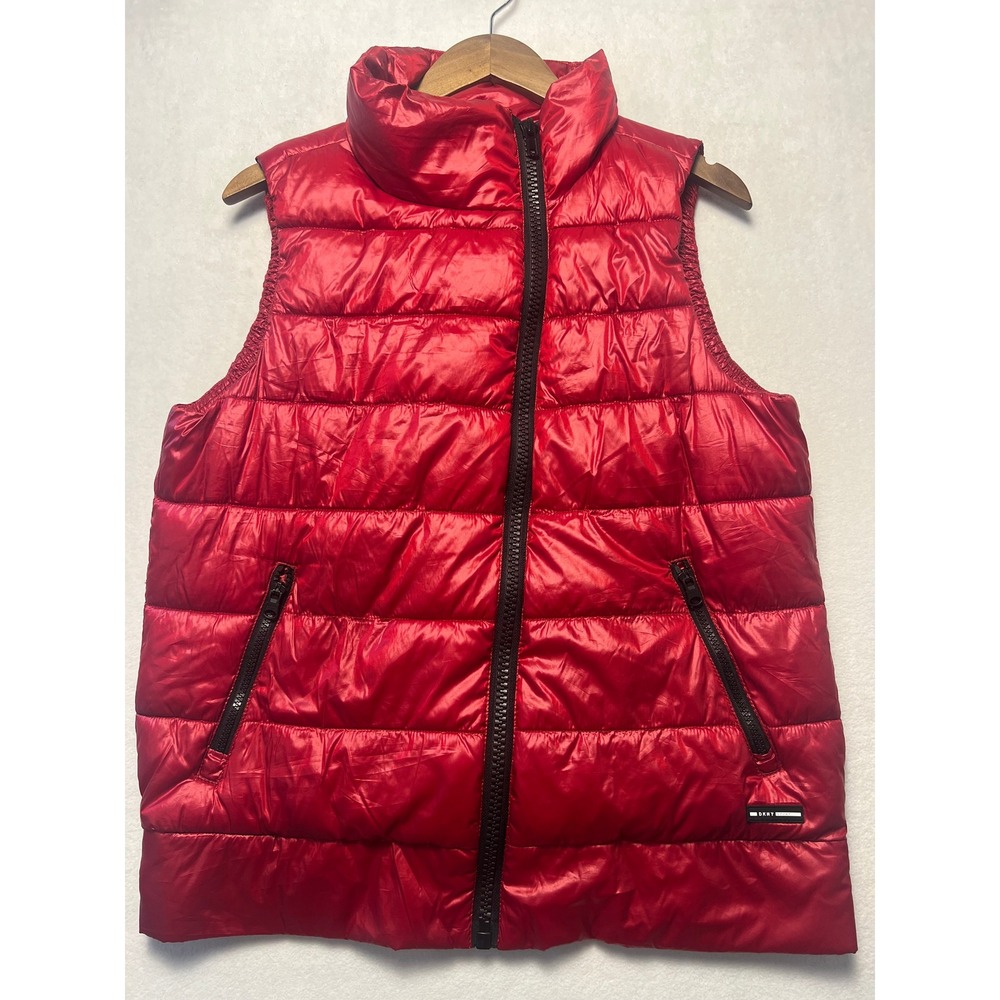 DKNY Men L Puffer Vest Gorpcore Sporty Red Sleeveless Quilted Logo Jacket Hiking